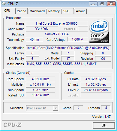 cpu-z Qx 9650 at 4 ghz